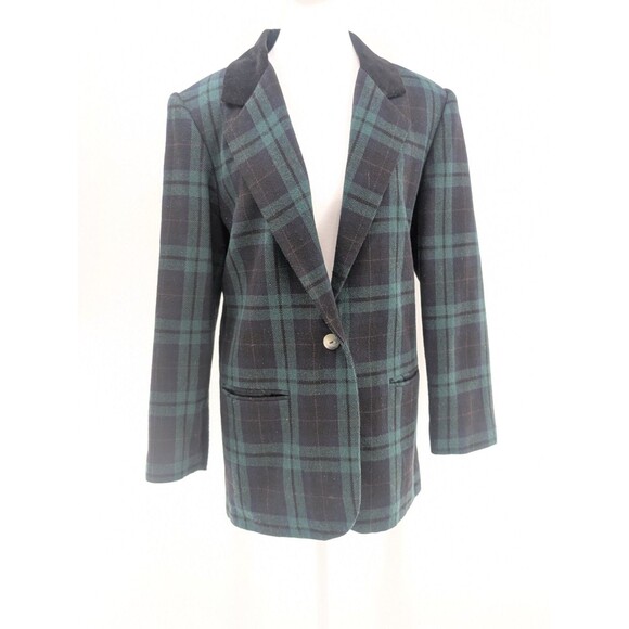 Sag Harbor Vintage 90's Wool Green Plaid Lined Blazer Velvet Collar Size Large - Picture 2 of 11
